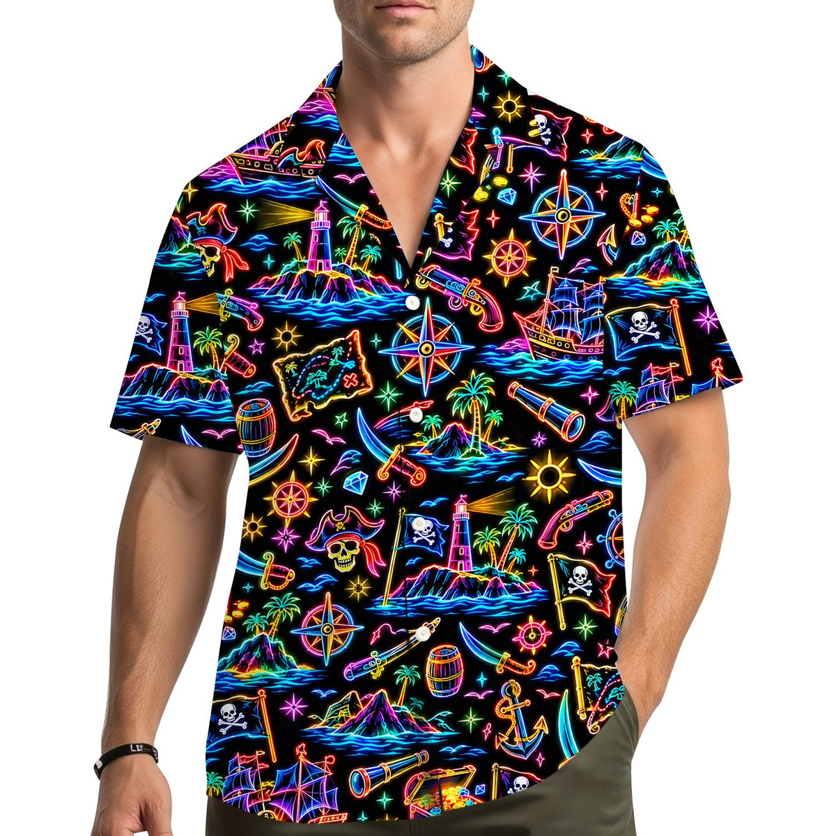 Neon pirate hawaiian shirt with vibrant skulls and ships on a black background, main view