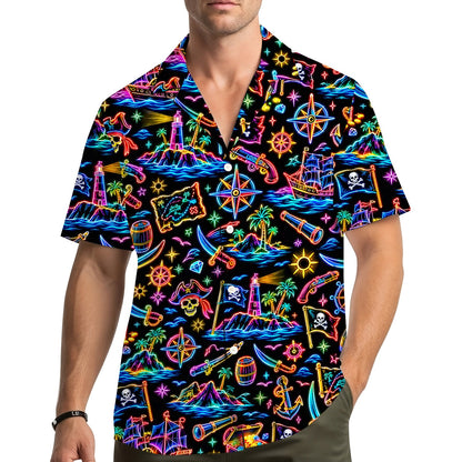 Front view of the neon pirate hawaiian shirt folded neatly