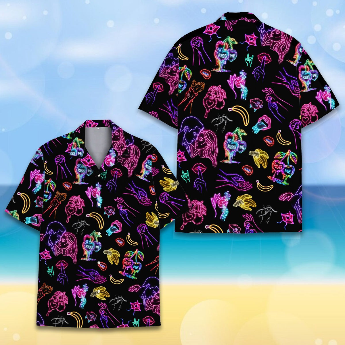 Pop culture hawaiian shirt featuring neon pop art on a black background, back view variation 1
