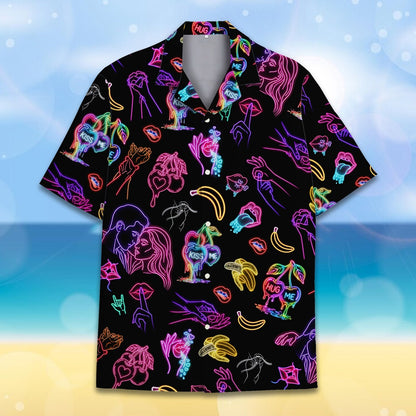 Pop culture hawaiian shirt featuring neon pop art on a black background, back view variation 2