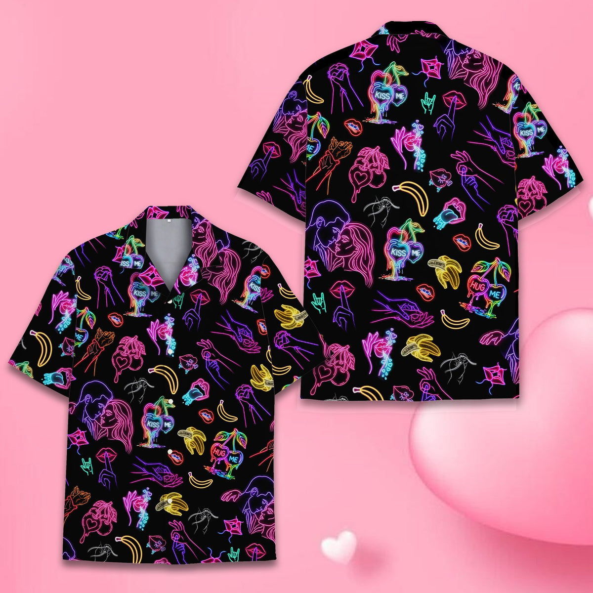 Pop culture hawaiian shirt featuring neon pop art on a black background, back view