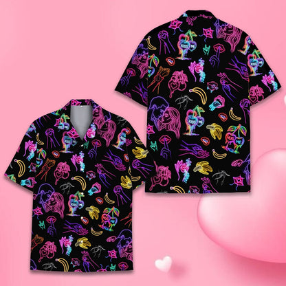 Pop culture hawaiian shirt featuring neon pop art on a black background, back view