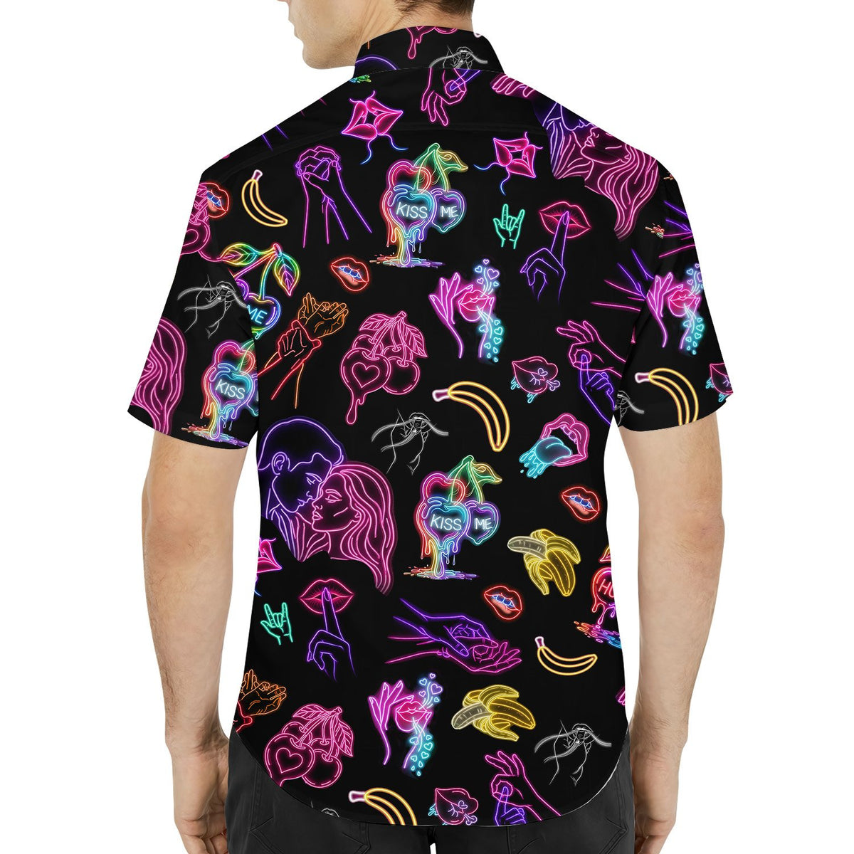 Pop culture hawaiian shirt featuring neon pop art on a black background, main view variation 1