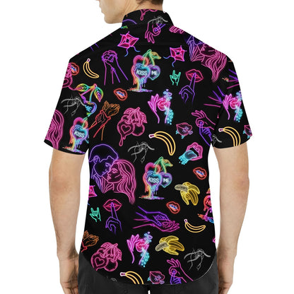 Pop culture hawaiian shirt featuring neon pop art on a black background, main view variation 2