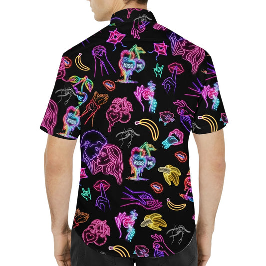Pop culture hawaiian shirt featuring neon pop art on a black background, main view