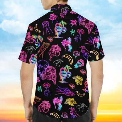 Lifestyle view of adults wearing matching family hawaiian shirts in a neon pop art design