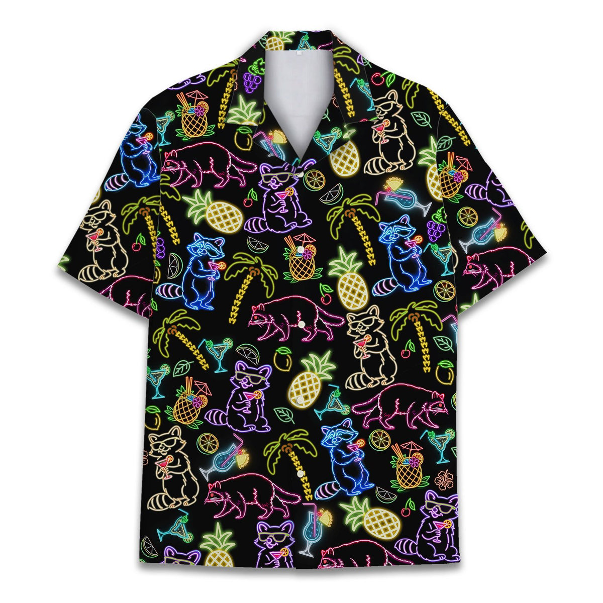 Another front view of the dark colored neon hawaiian shirt