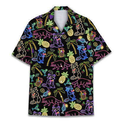 Another front view of the dark colored neon hawaiian shirt