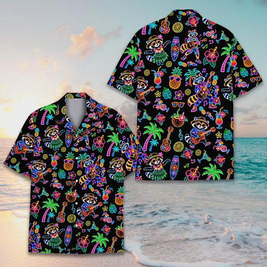 Neon raccoons hawaiian shirt on a black background, main view