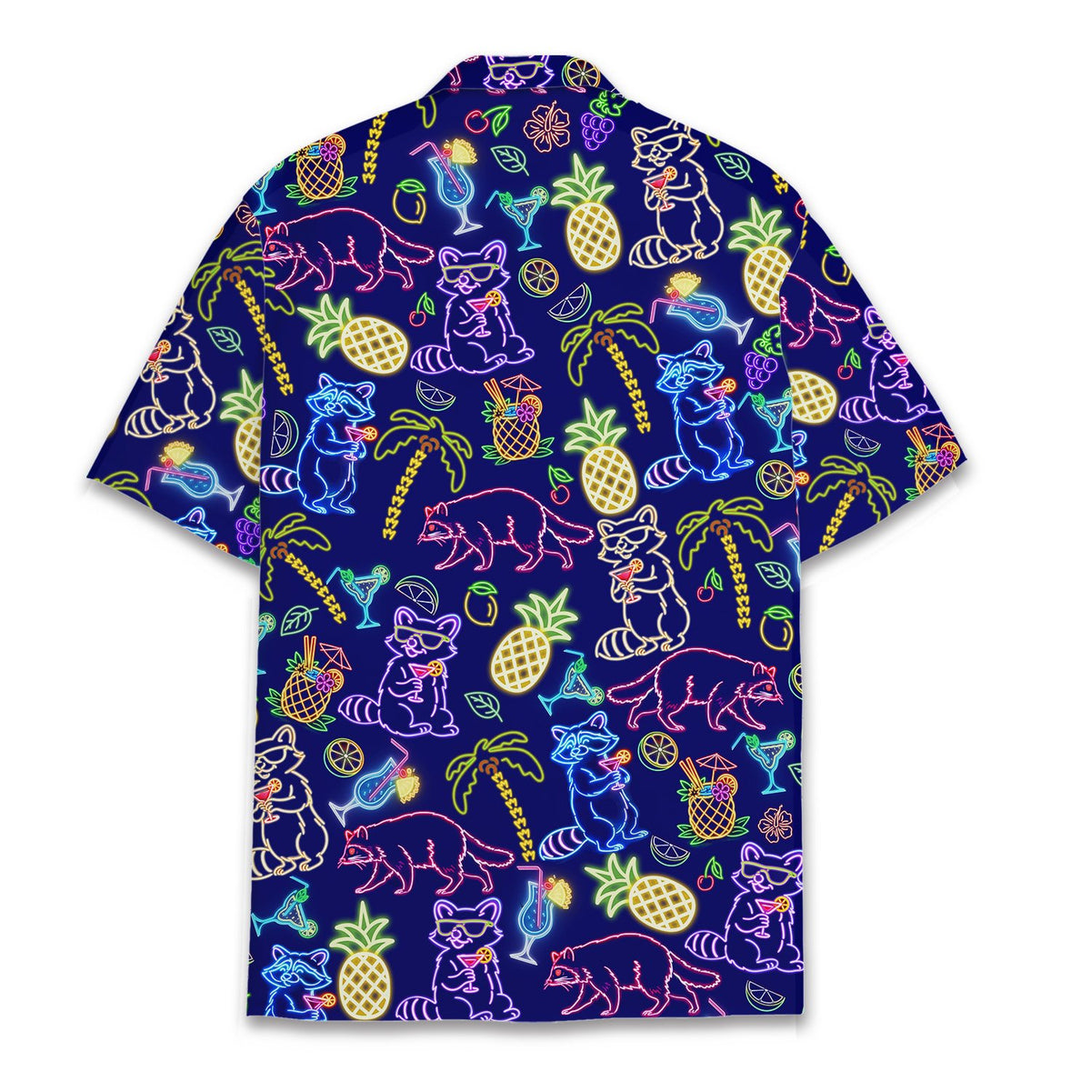 Back view of the vibrant neon raccoons hawaiian shirt