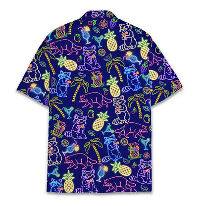 Back view of the vibrant neon raccoons hawaiian shirt