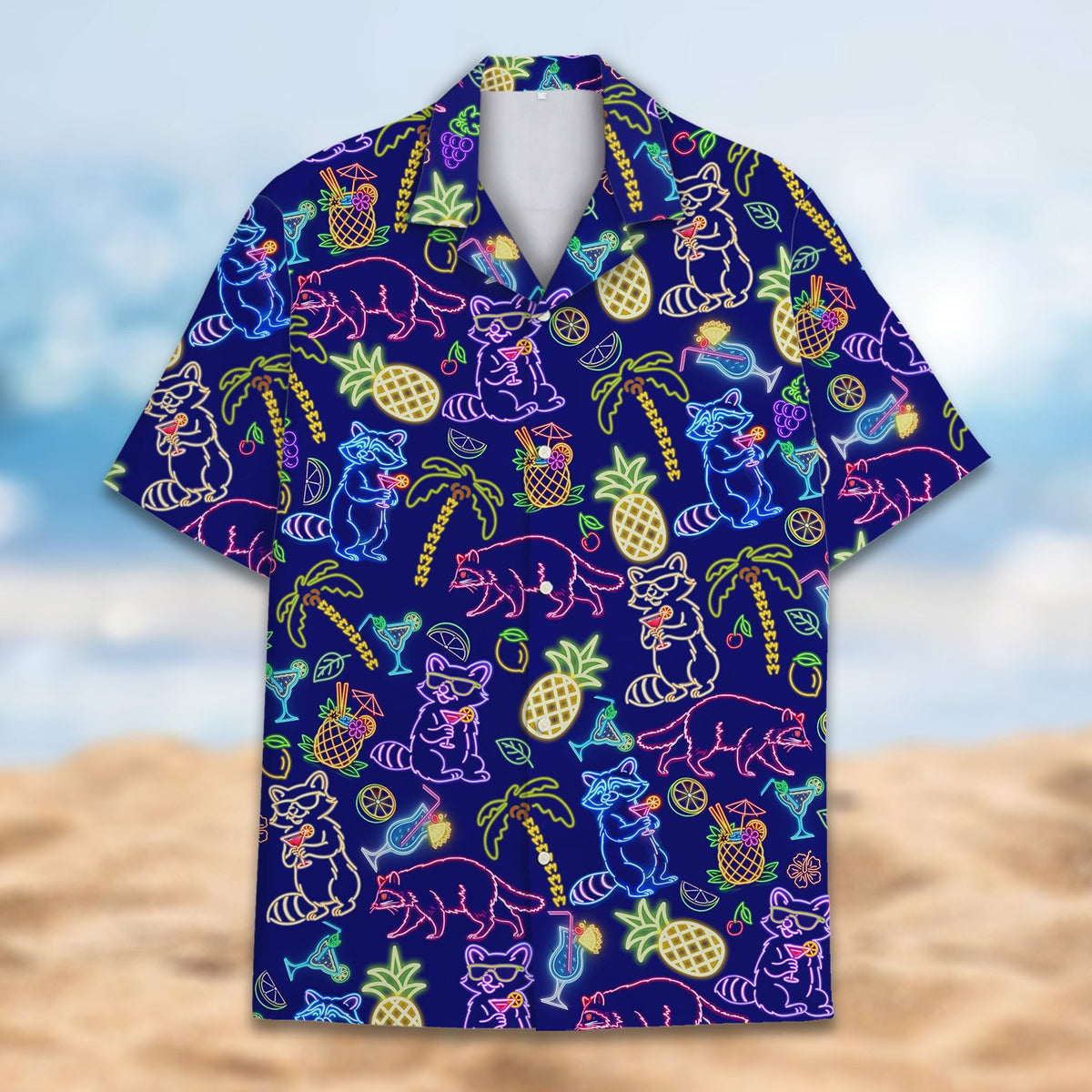 Detailed front view of the neon raccoons and cocktails pattern