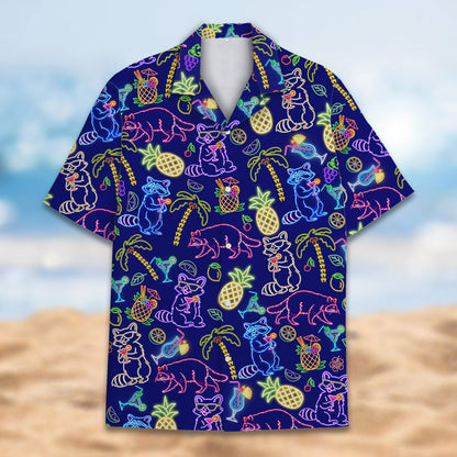 Detailed front view of the neon raccoons and cocktails pattern
