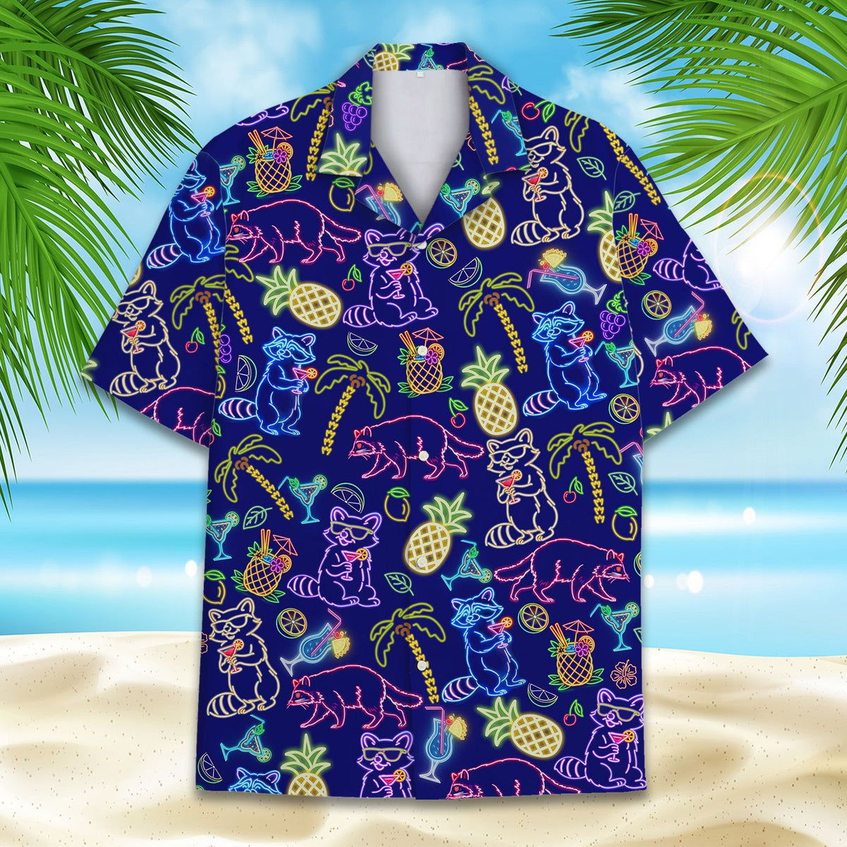 Neon raccoons hawaiian shirt with vibrant abstract pattern on navy background