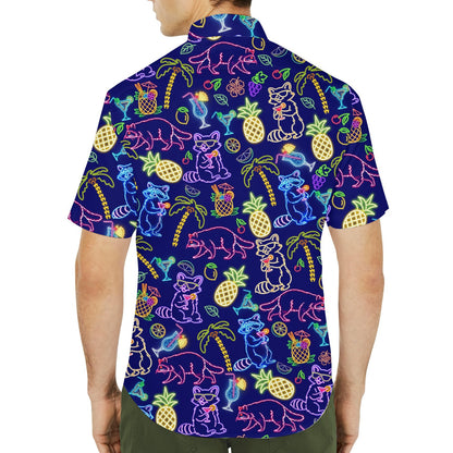 Second lifestyle image showing the neon raccoons hawaiian shirt outdoors