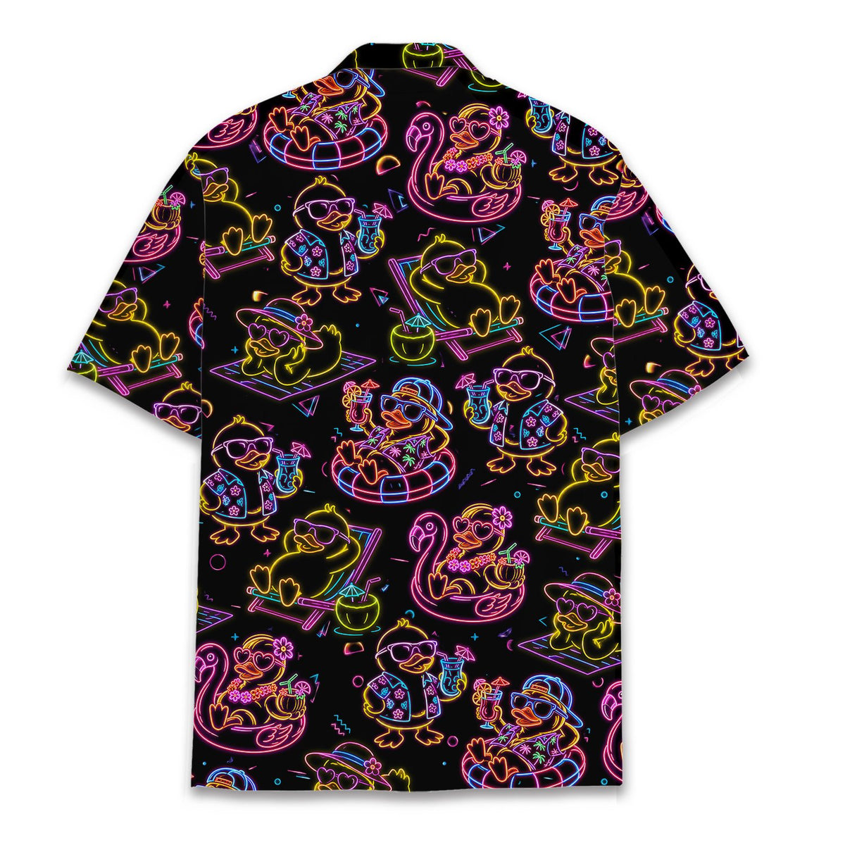 Back view of the neon hawaiian shirt showing the continuous duck and flamingo pattern