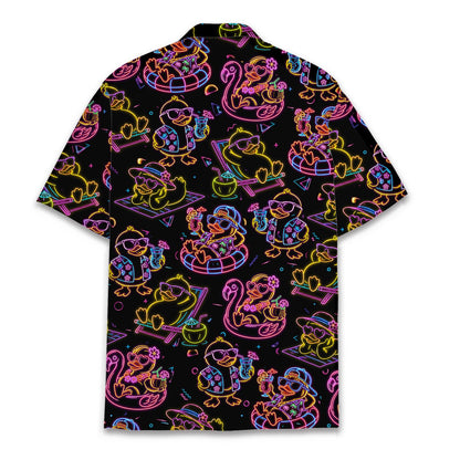 Back view of the neon hawaiian shirt showing the continuous duck and flamingo pattern