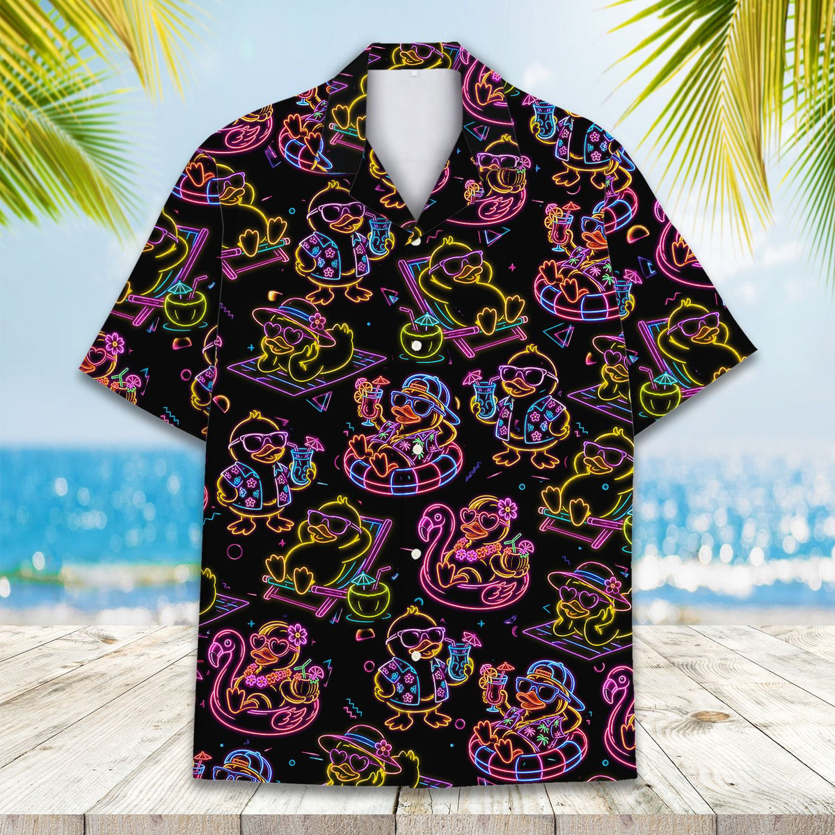 Another front view showcasing the vibrant neon print on the hawaiian shirt