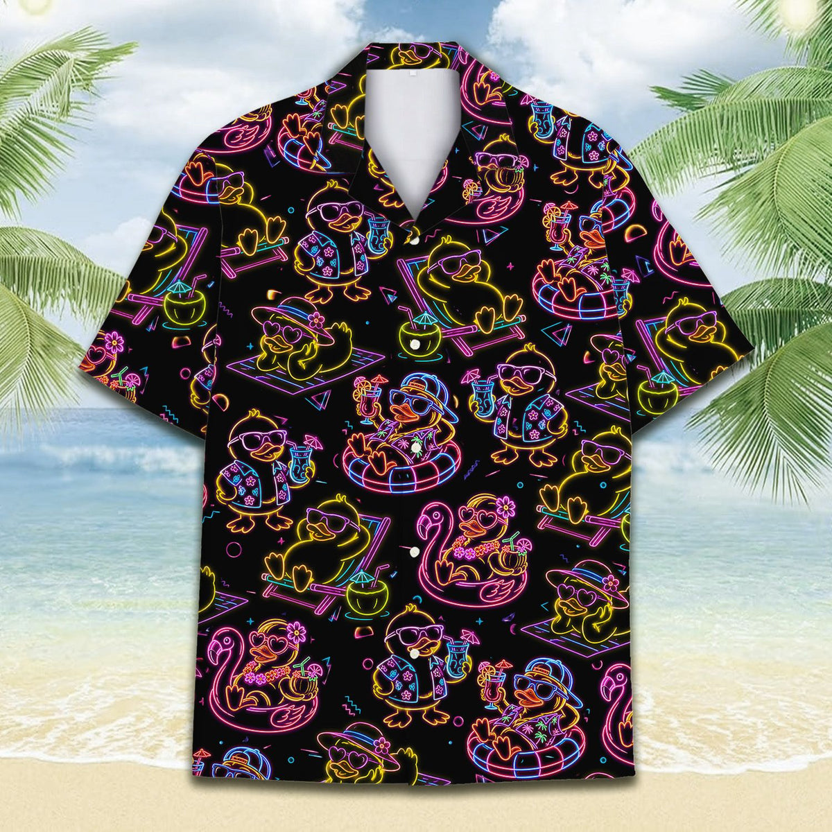 Close-up front view of the neon rubber ducks pattern on the hawaiian shirt