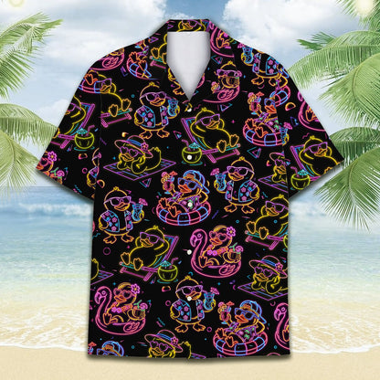 Close-up front view of the neon rubber ducks pattern on the hawaiian shirt