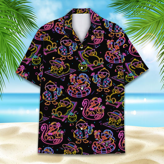 Main view of the rubber ducky hawaiian shirt featuring neon ducks and flamingos on a black background