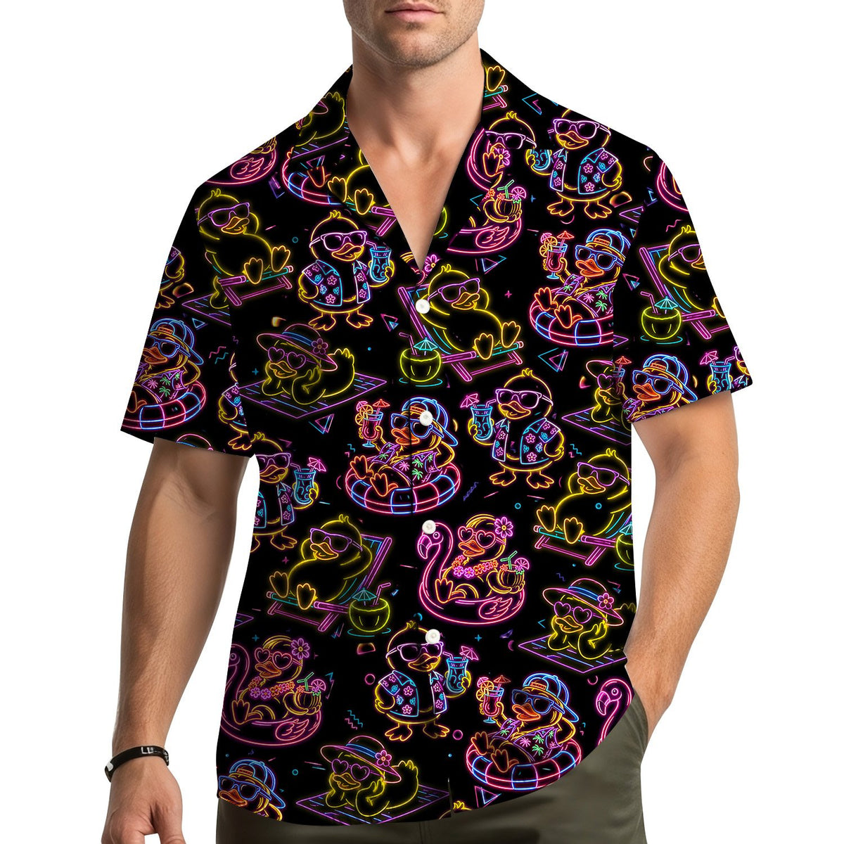 Lifestyle view of a person wearing the family matching hawaiian shirt outdoors