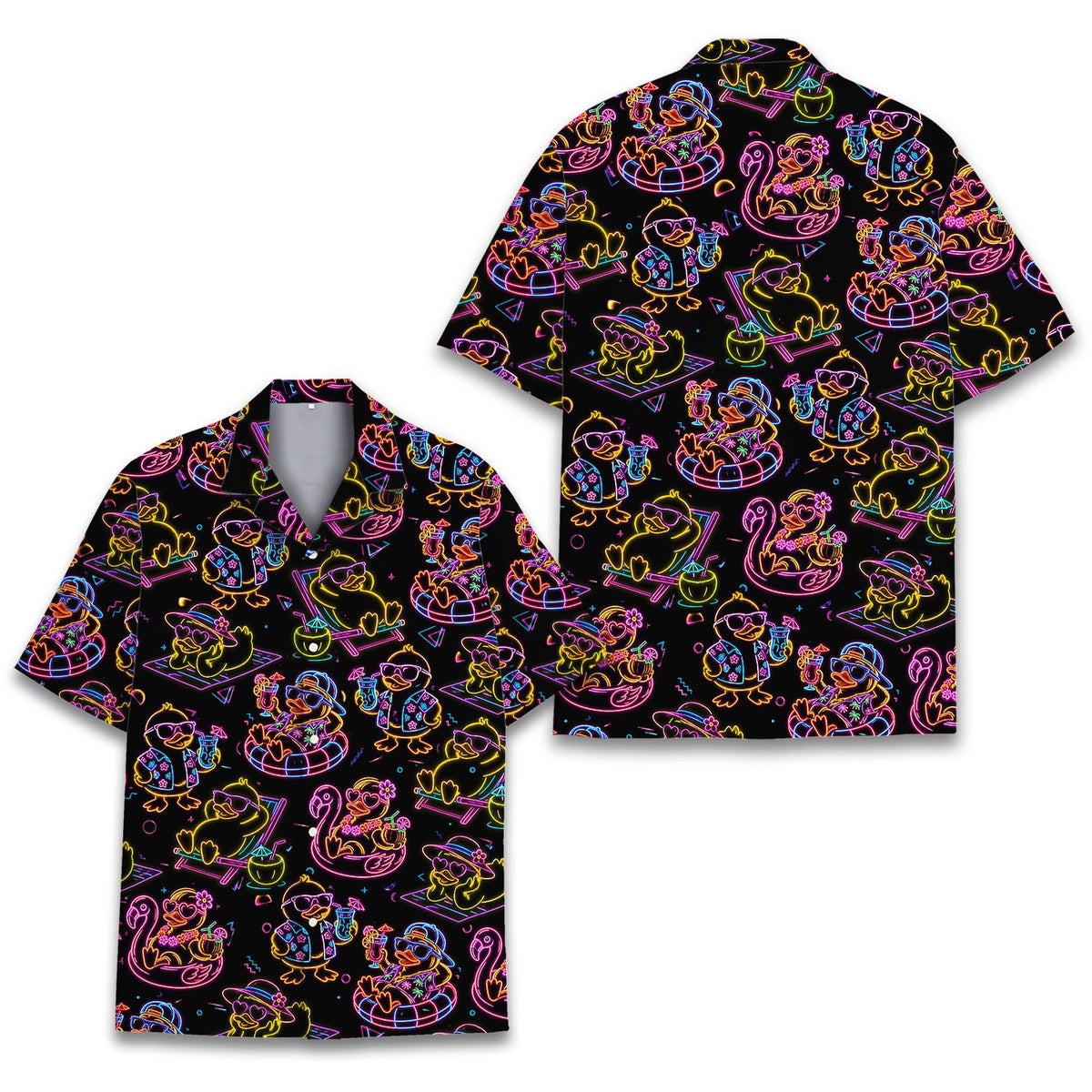 Additional view of the hawaiian shirt highlighting the bold neon on black design