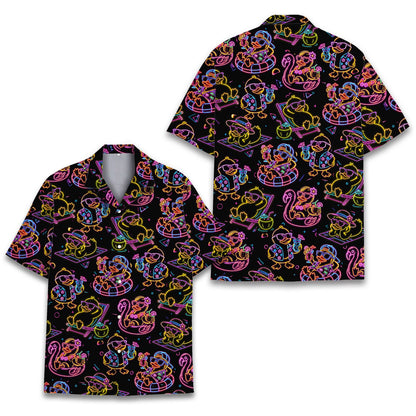 Additional view of the hawaiian shirt highlighting the bold neon on black design