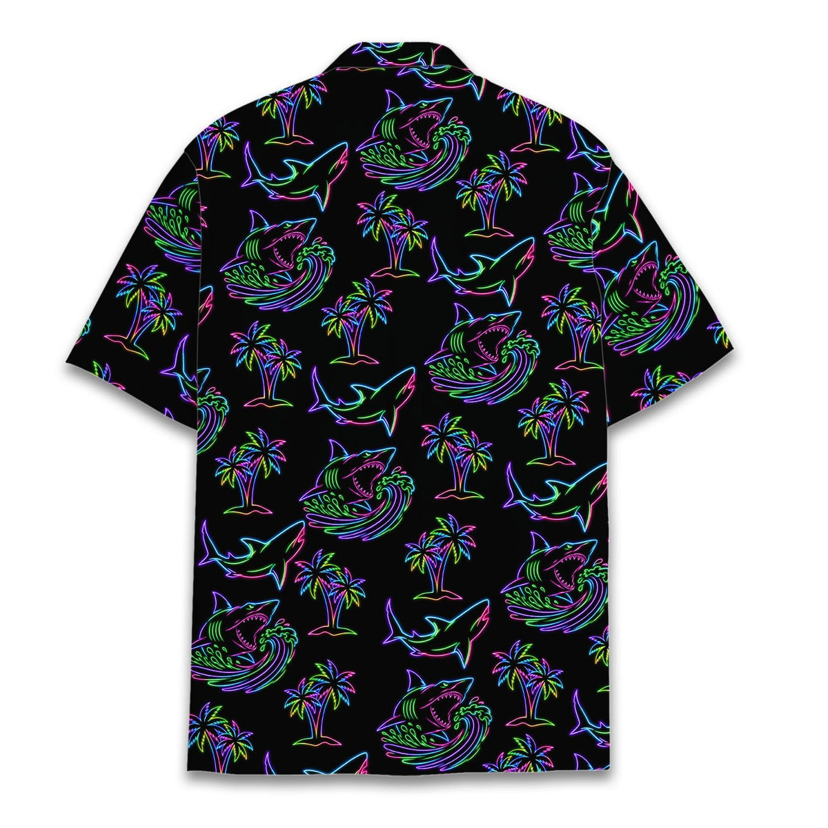 Back view of the black Hawaiian shirt featuring bright neon ocean theme