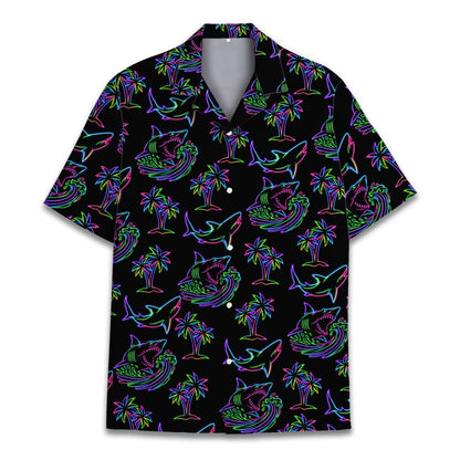Front view of black Hawaiian shirt with neon sea life and palm tree design