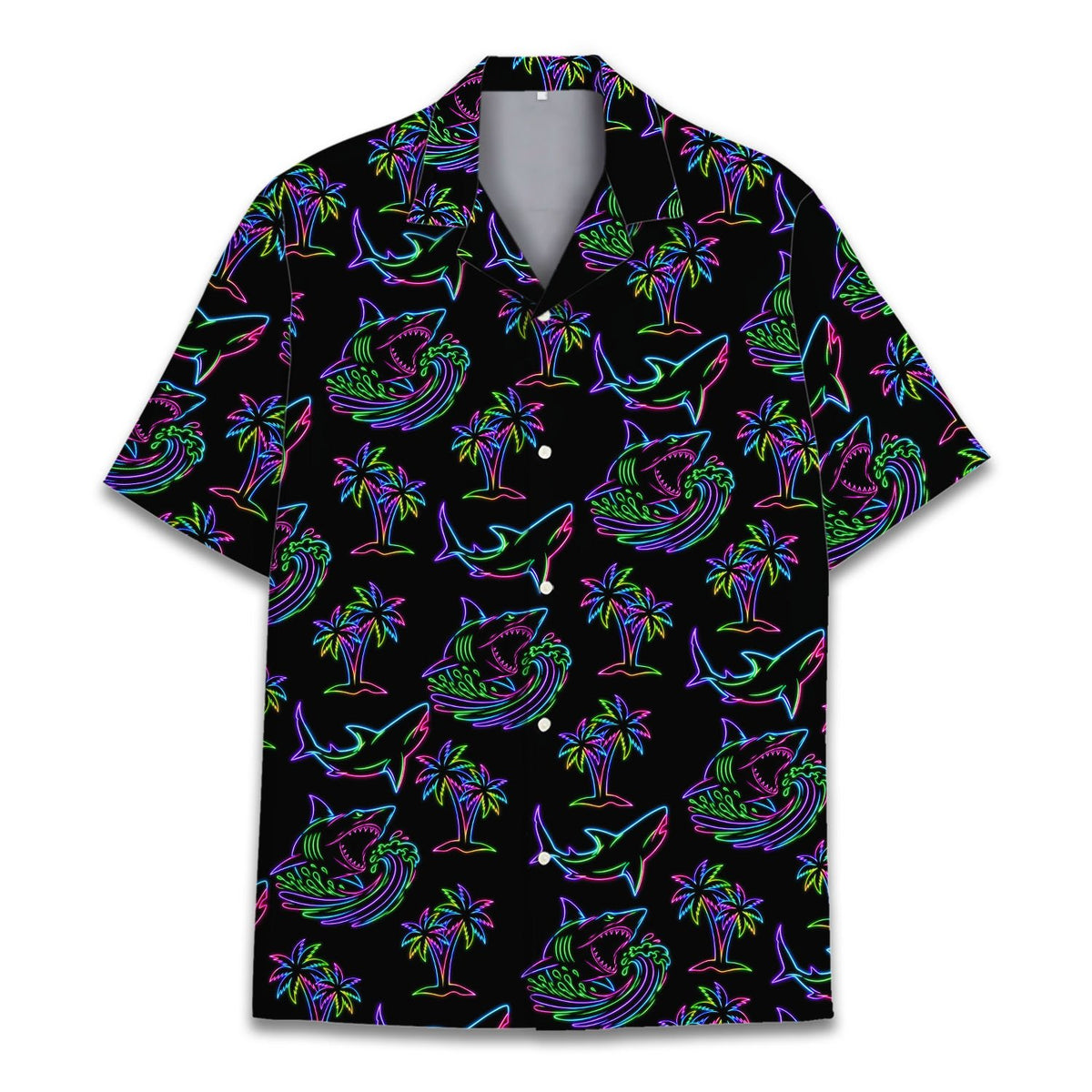 Matching family Hawaiian shirts in black with bright neon shark pattern, main view