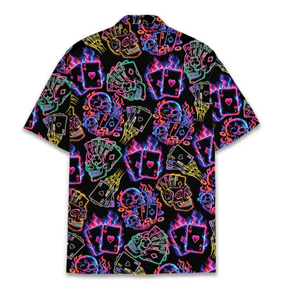 Back view of the neon skulls hawaiian shirt showing the all-over print