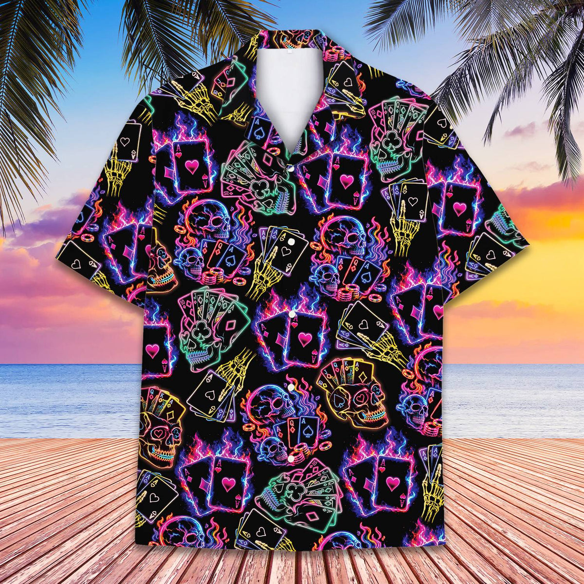 Another front view of the neon hawaiian shirt showcasing playing card details