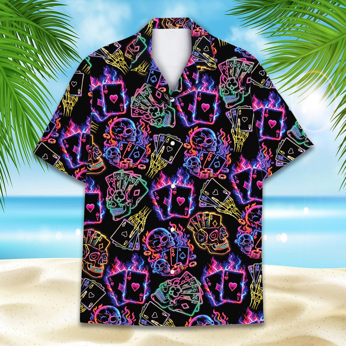 Front detail of the skulls hawaiian shirt on a black background
