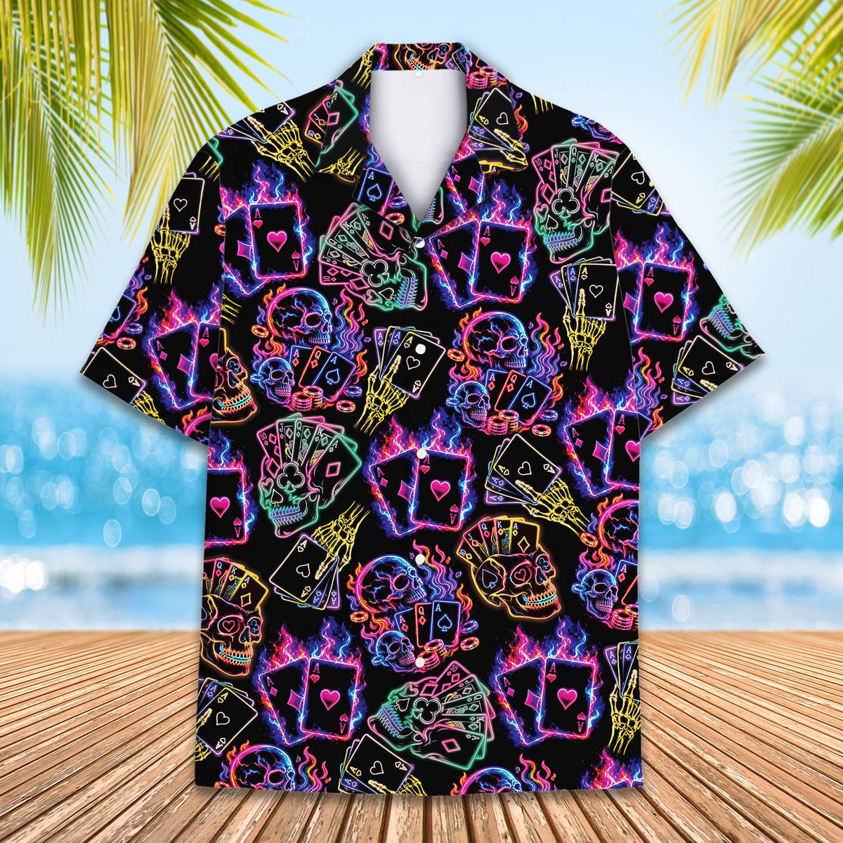 Front view of the matching family hawaiian shirt with neon skulls print