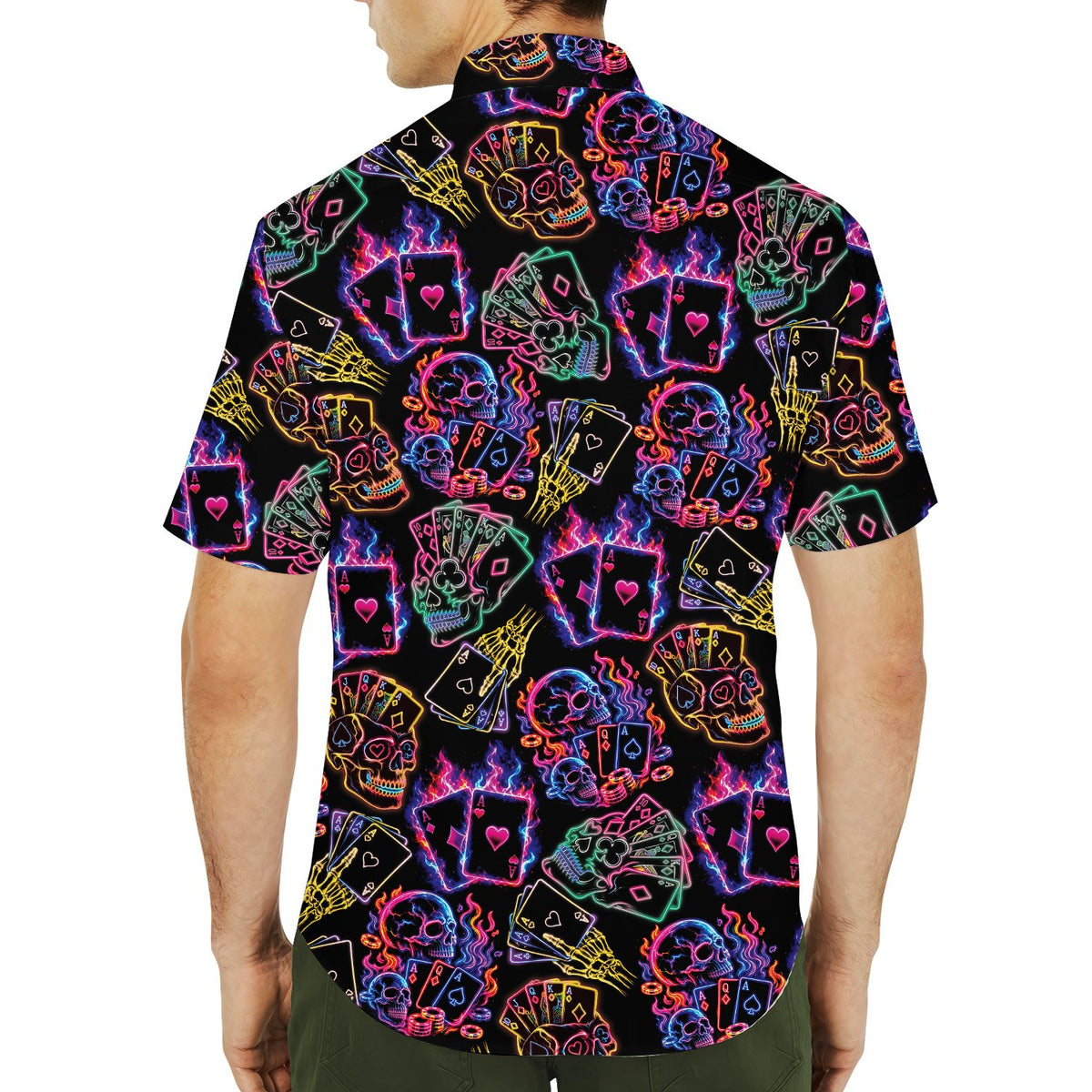 Second lifestyle view of the neon skulls and poker hawaiian shirt