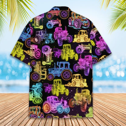 Alternative back view of the black neon tractor hawaiian shirt
