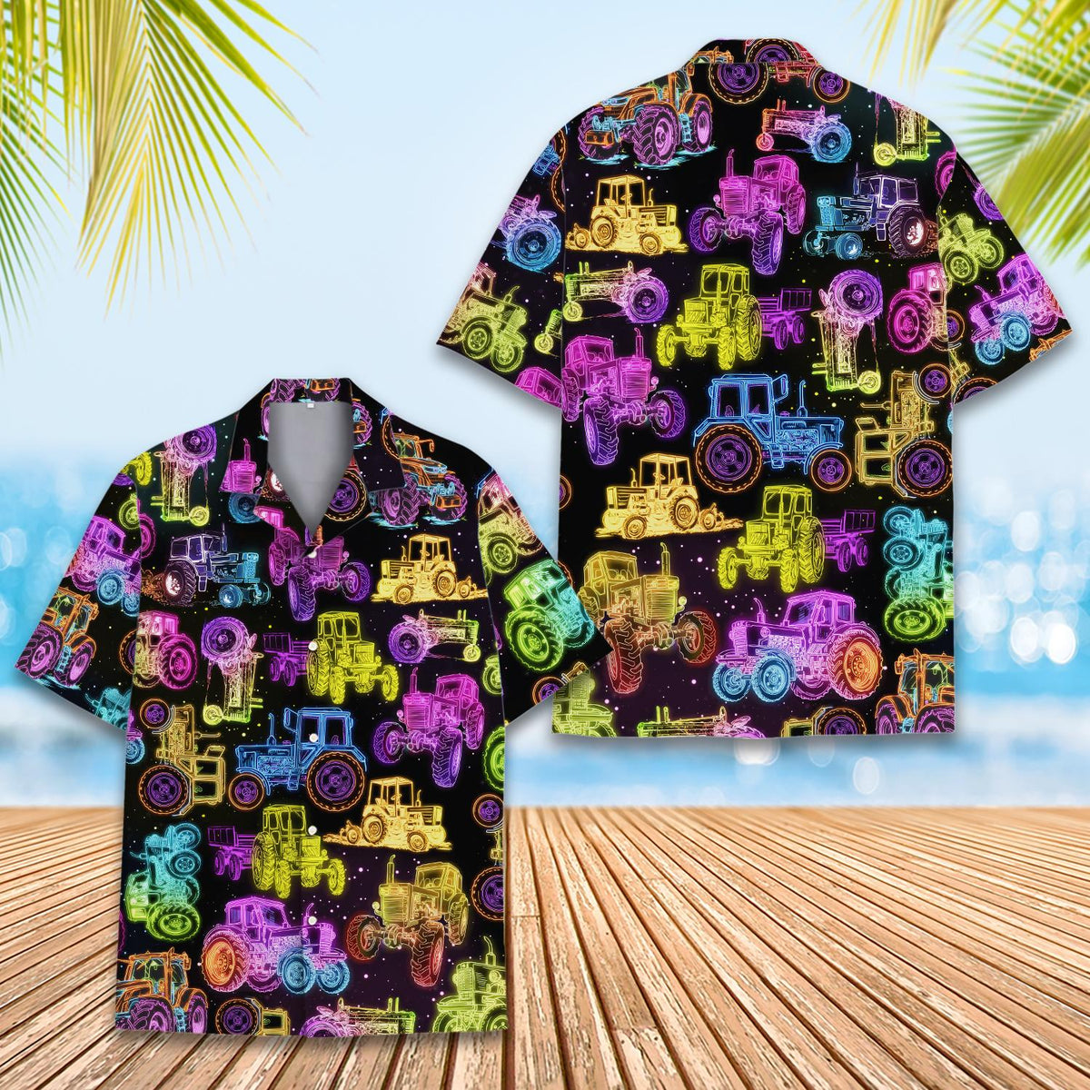 Alternative front view of the neon tractors hawaiian shirt