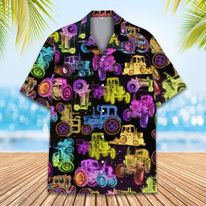 Close up front view highlighting the bright neon tractor design on the hawaiian shirt