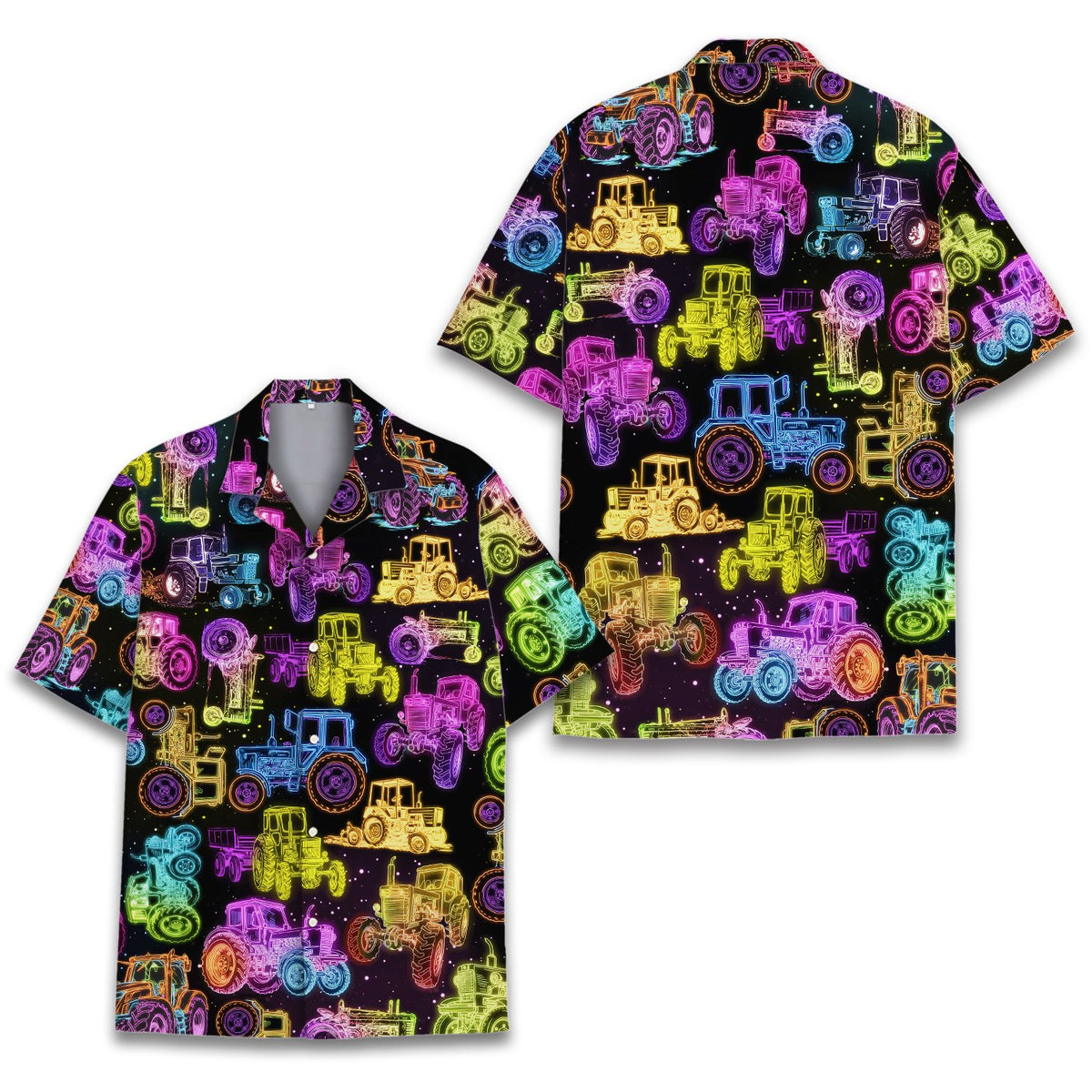 Front view of the matching family hawaiian shirt with neon tractor pattern