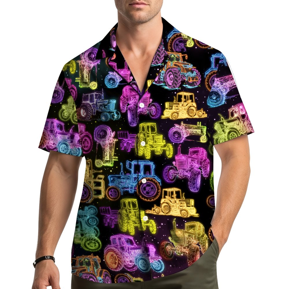 Lifestyle image showing the neon tractors hawaiian shirt being worn