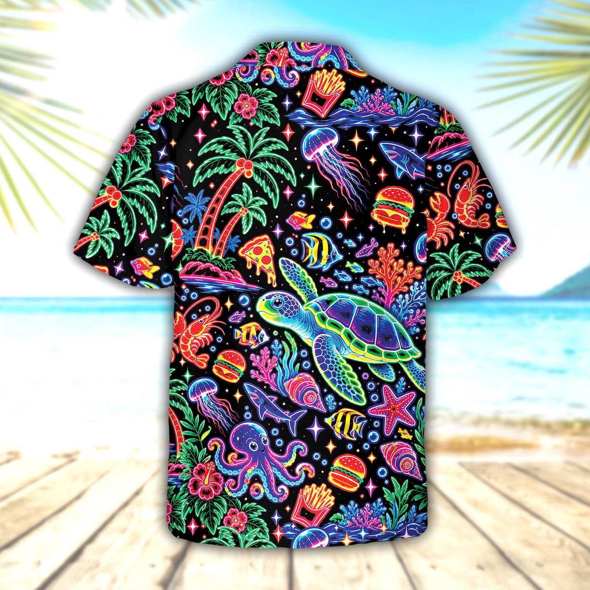 Back view of the neon tropical hawaiian shirt with continuing tropical marine life design