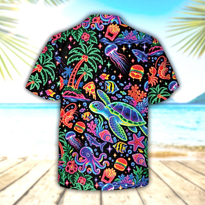Back view of the neon tropical hawaiian shirt with continuing tropical marine life design