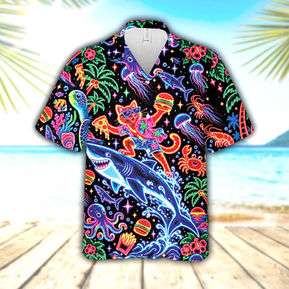 Close-up front view of the neon tropical hawaiian shirt showing the vibrant pink and blue details