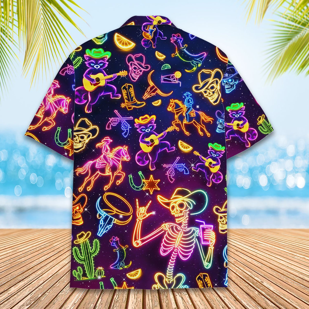 Detailed back view of the neon western hawaiian shirt design