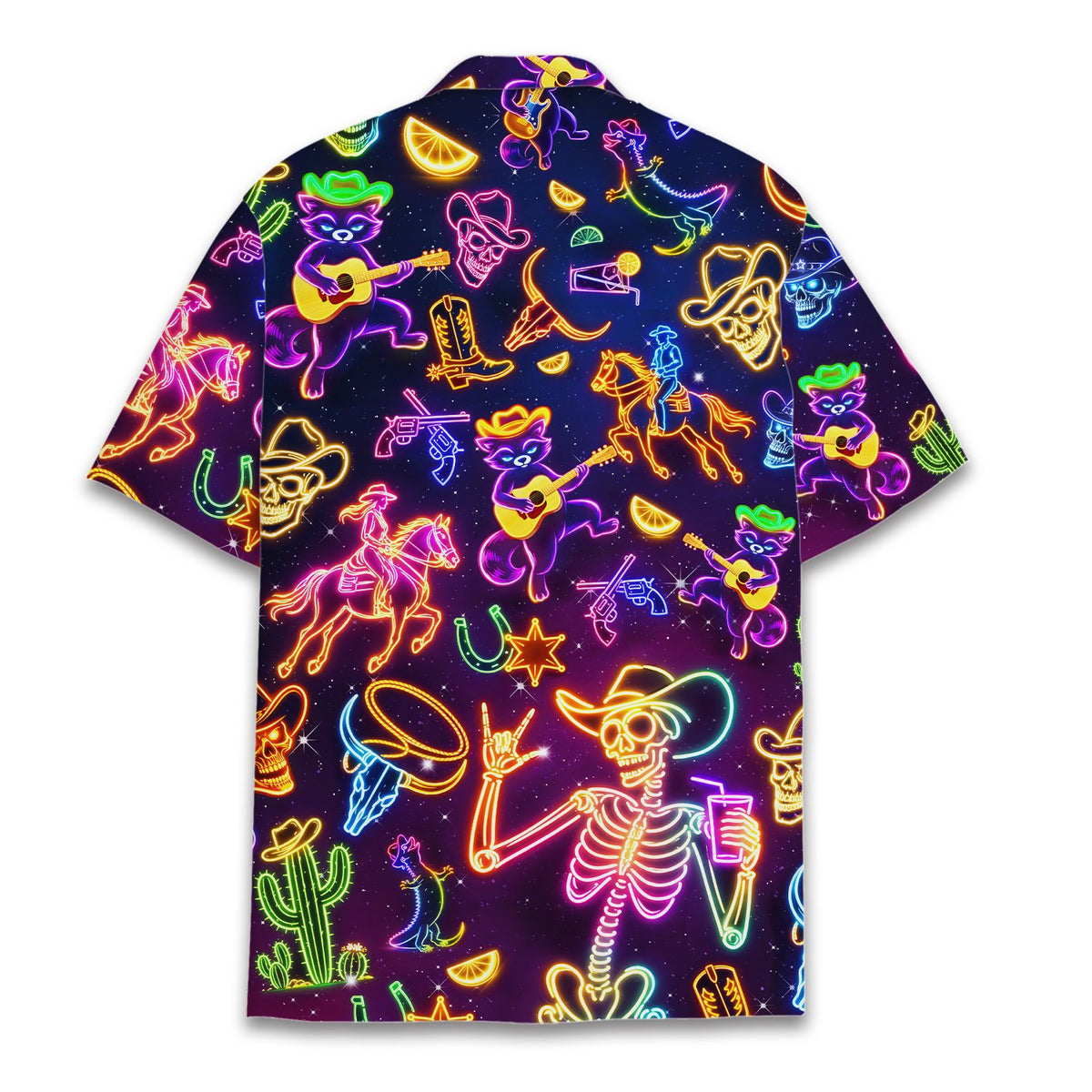 Back view of the neon western hawaiian shirt displaying the continuous neon sign pattern