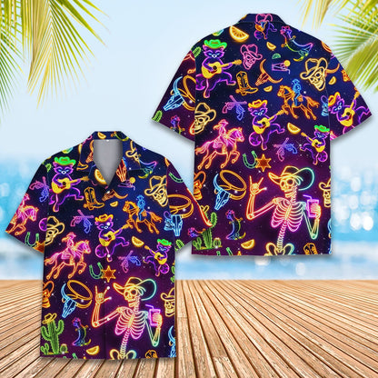Detailed front view of the neon western hawaiian shirt showing vibrant skeletons and cacti