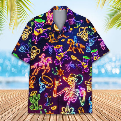 Close-up front view of the neon western hawaiian shirt button-up details