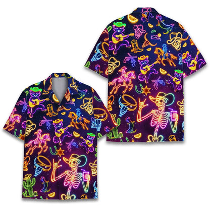 Neon western hawaiian shirt featuring glowing desert and cowboy motifs on a dark navy background