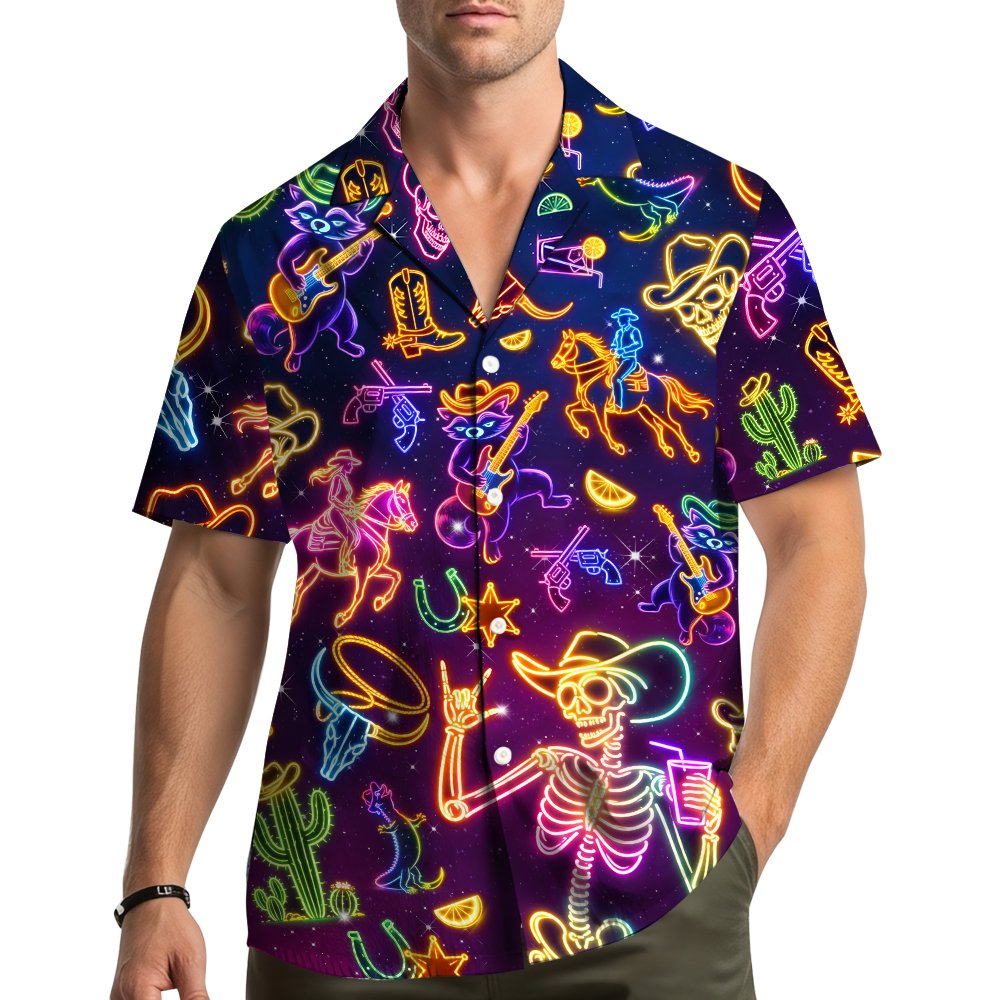 Additional lifestyle view showcasing the neon western hawaiian shirt fit and style